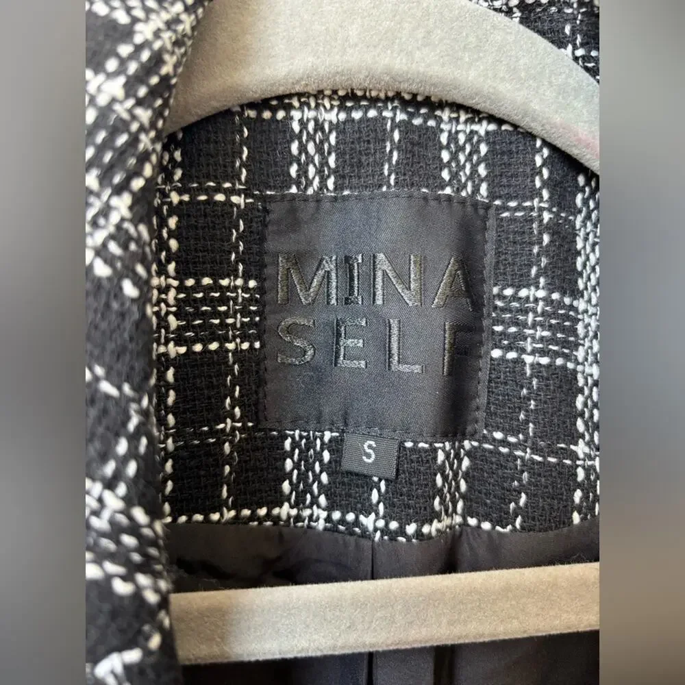 Mina Self Black White Plaid Blazer Small Double Breasted Cropped Jacket